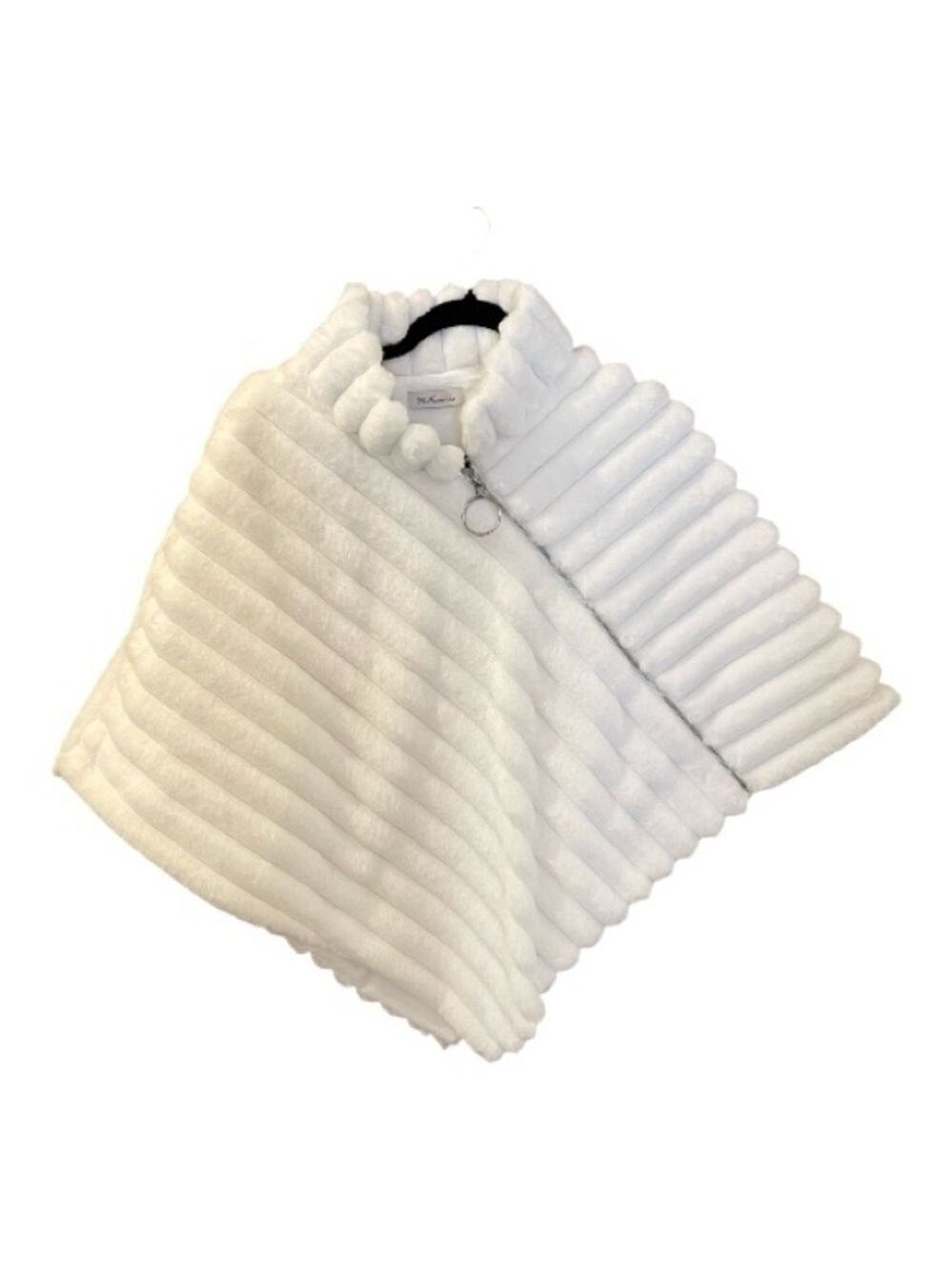 La Fiorentina White Faux Fur Cape, Silver Zipper Detail, One Size, Cozy.